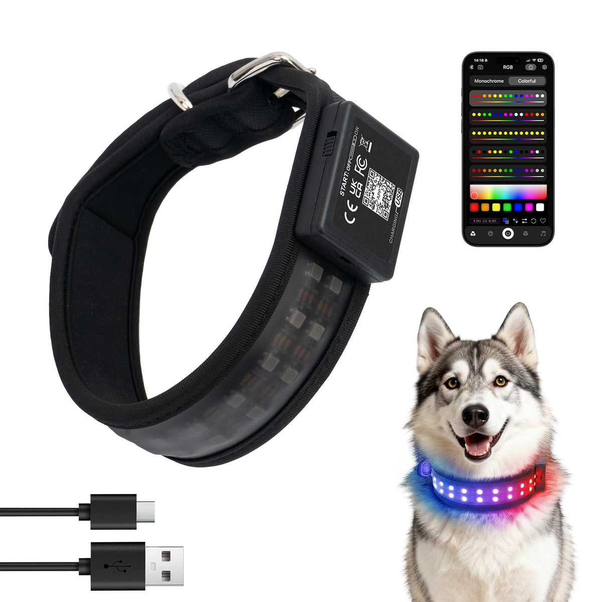 UNISE Customizable LED Dog Collar, RGB Color Changing Light Up Dog Collar